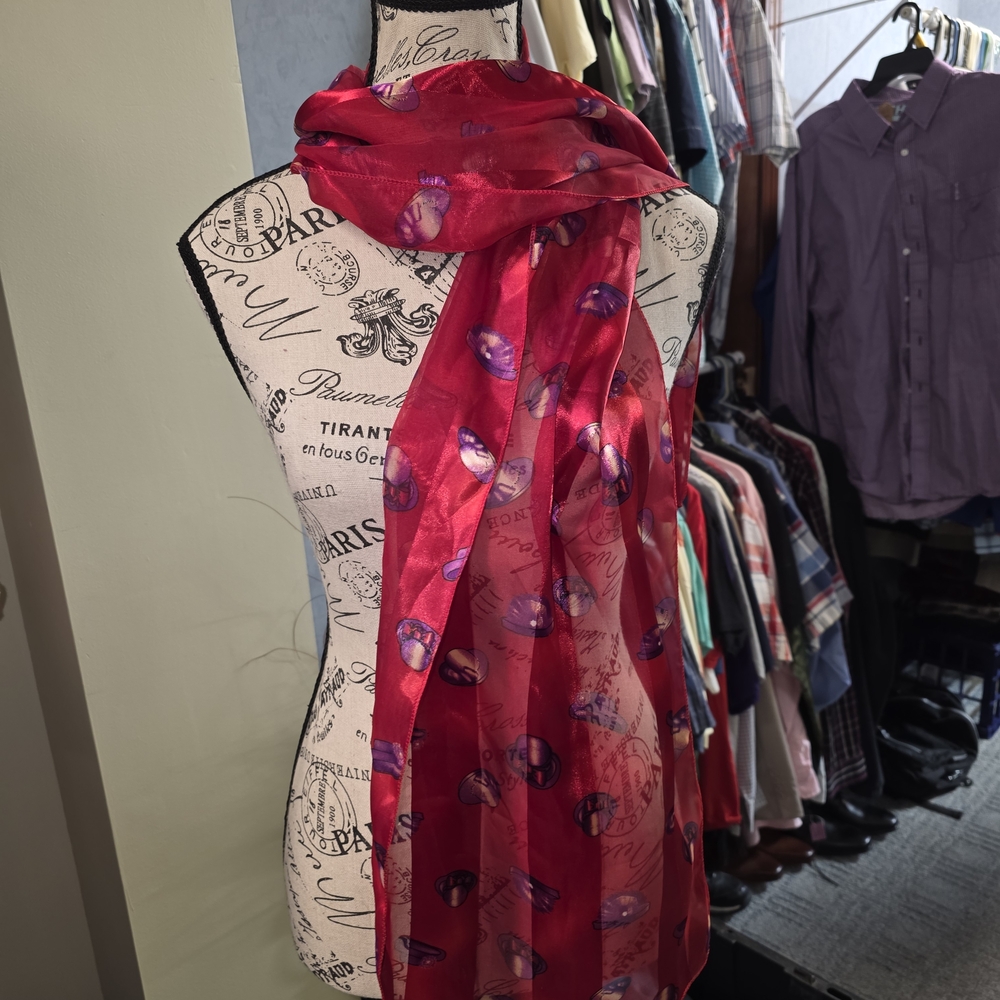Elegant Red Hat Scarf with Purple Accents